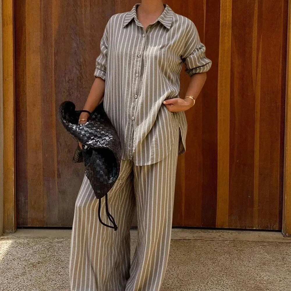 Brown Casual Women's Striped Shirt And Pants Set Lounge Sets